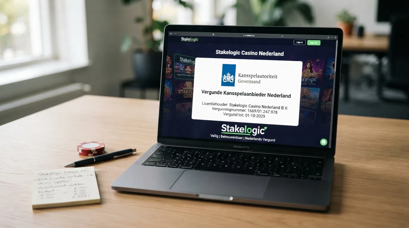 Het logo van de Kansspelautoriteit naast de naam van een Stakelogic-casino op een beeldscherm
