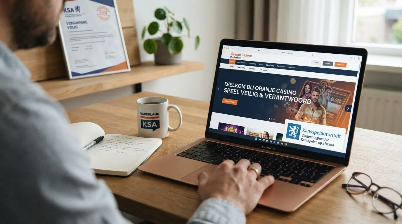 Het KSA-keurmerk op de homepage van een Nederlands online casino, met het register op de achtergrond zichtbaar