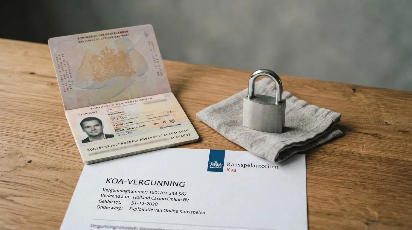 Het logo van de Kansspelautoriteit naast een Nederlands paspoort en een hangslot met het label 'KOA-vergunning'
