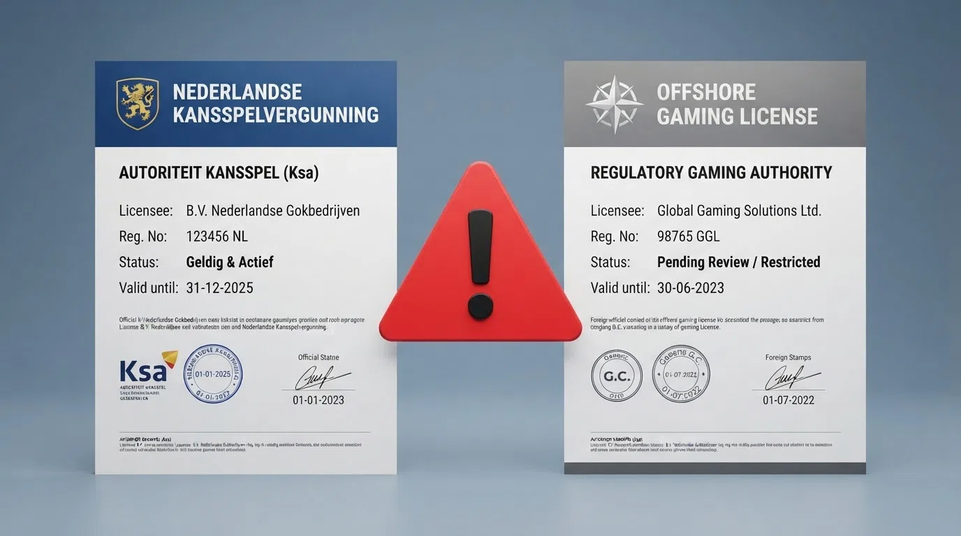 Een document met het KSA-logo naast een buitenlands licentiebewijs, met een rood waarschuwingsteken ertussen