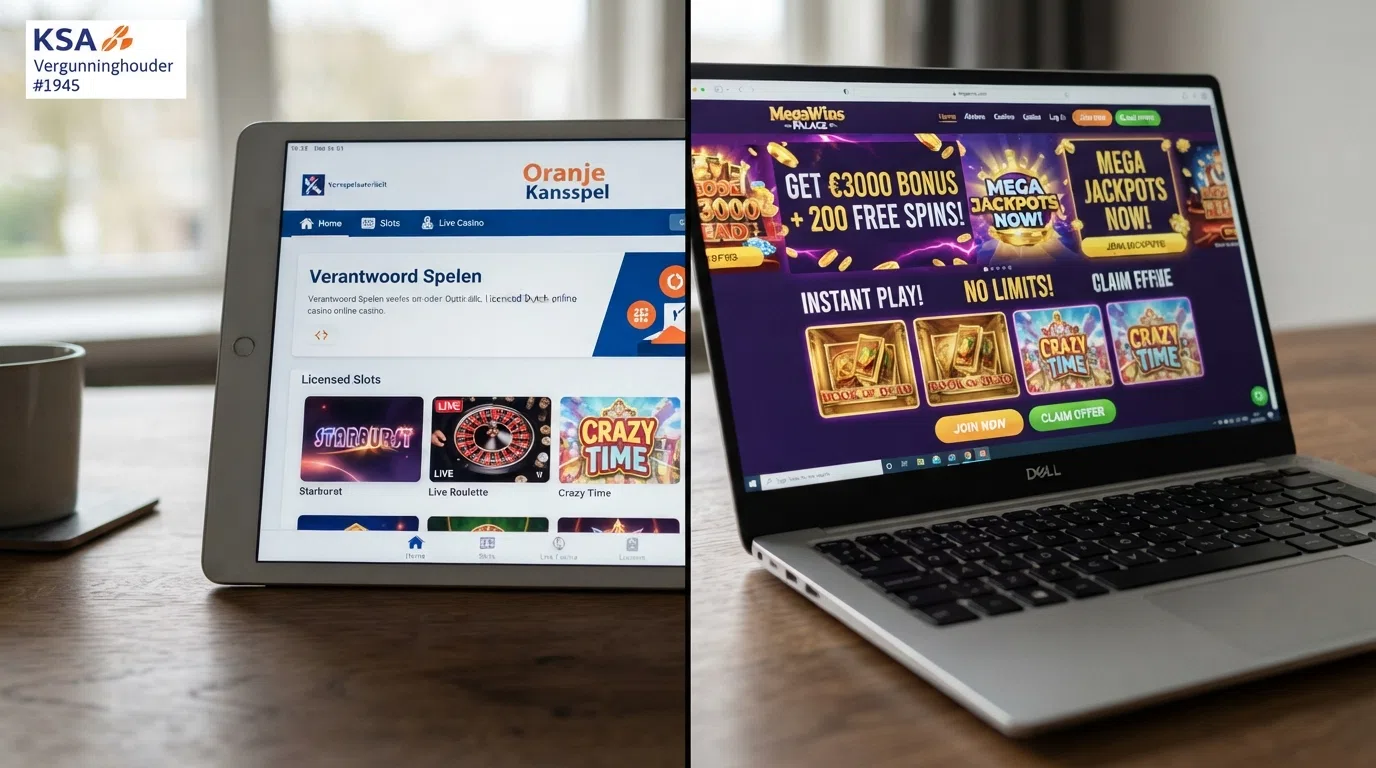 Een split-screen met links het KSA-keurmerk op een Nederlandse casino-interface en rechts een generieke offshore-casino-landingspagina zonder keurmerk