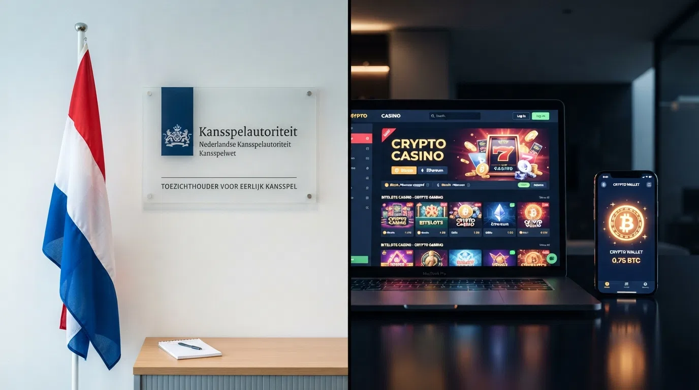 Een Nederlandse vlag naast een KSA-logo aan de ene kant en een anoniem blockchain-symbool aan de andere kant