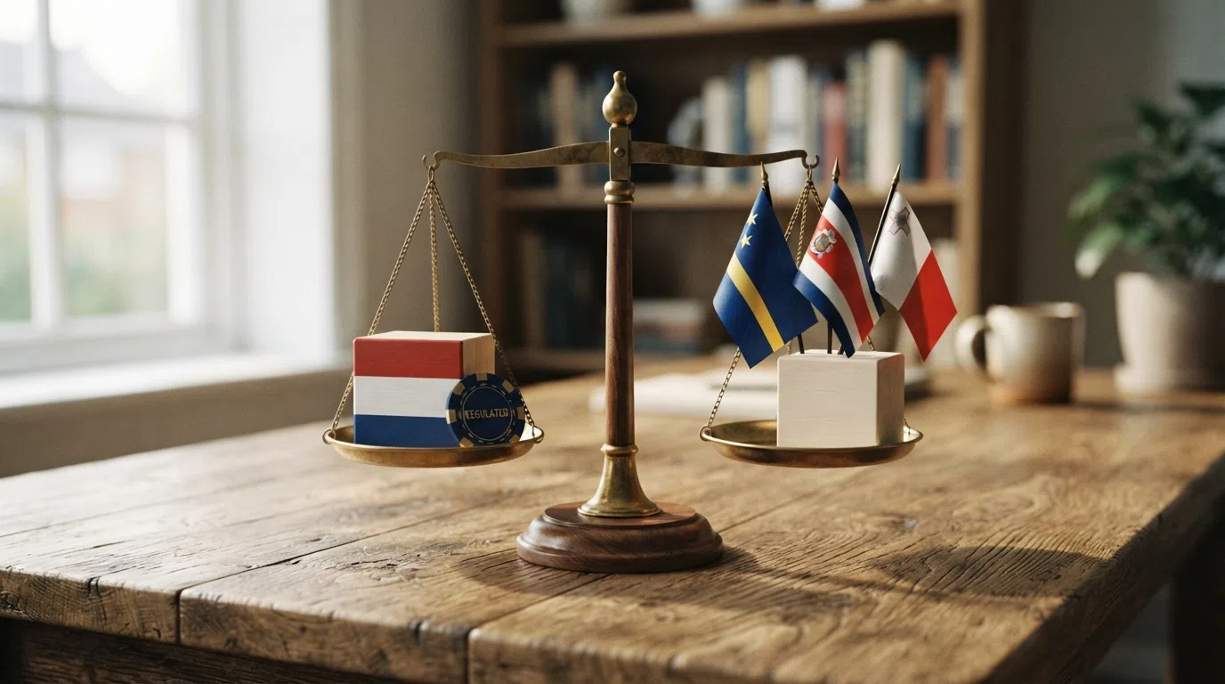Een balans met aan de ene kant het KSA-logo en de Nederlandse wetstekst, aan de andere kant de vlaggen van Curaçao, Costa Rica en Malta.