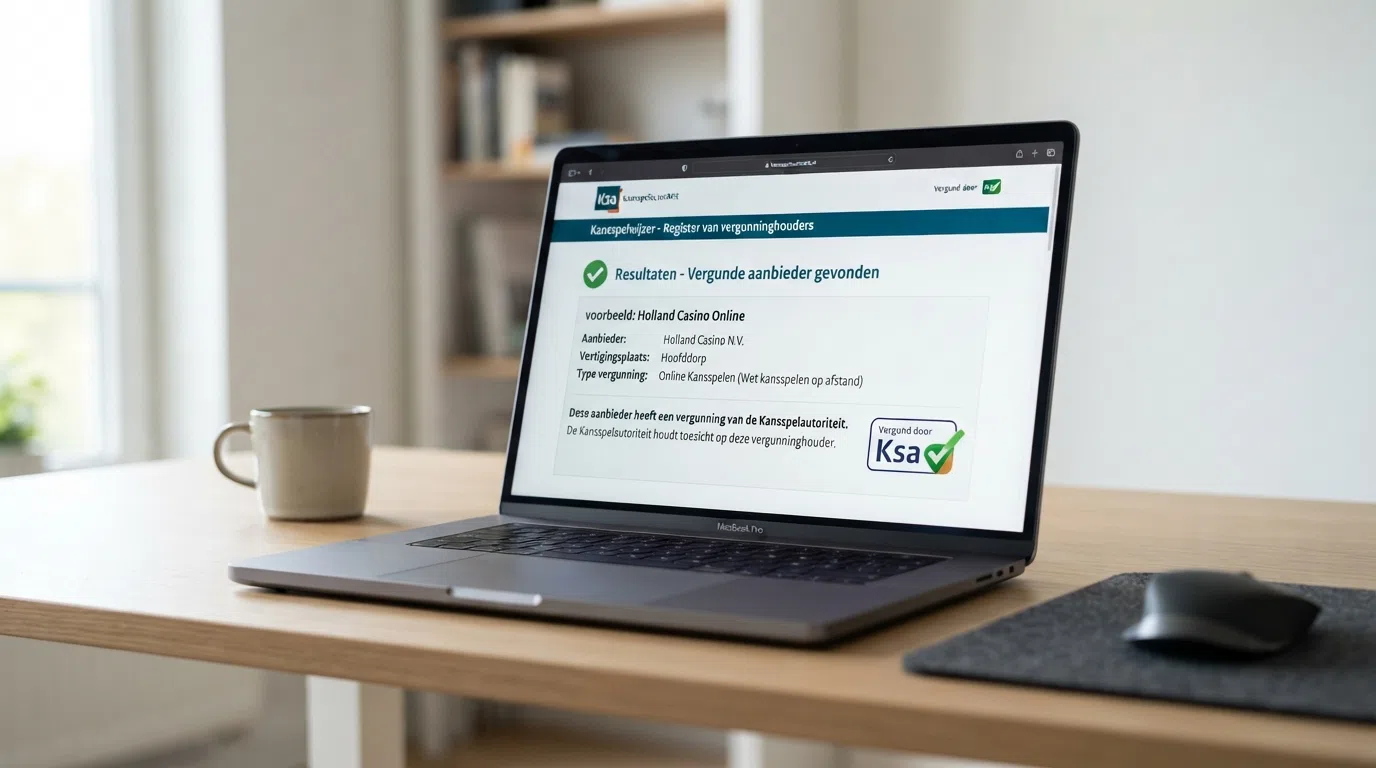 Screenshot van het Kansspelwijzer-register met een ingevuld vergunningnummer en de bevestiging 'Deze aanbieder heeft een vergunning van de Kansspelautoriteit'