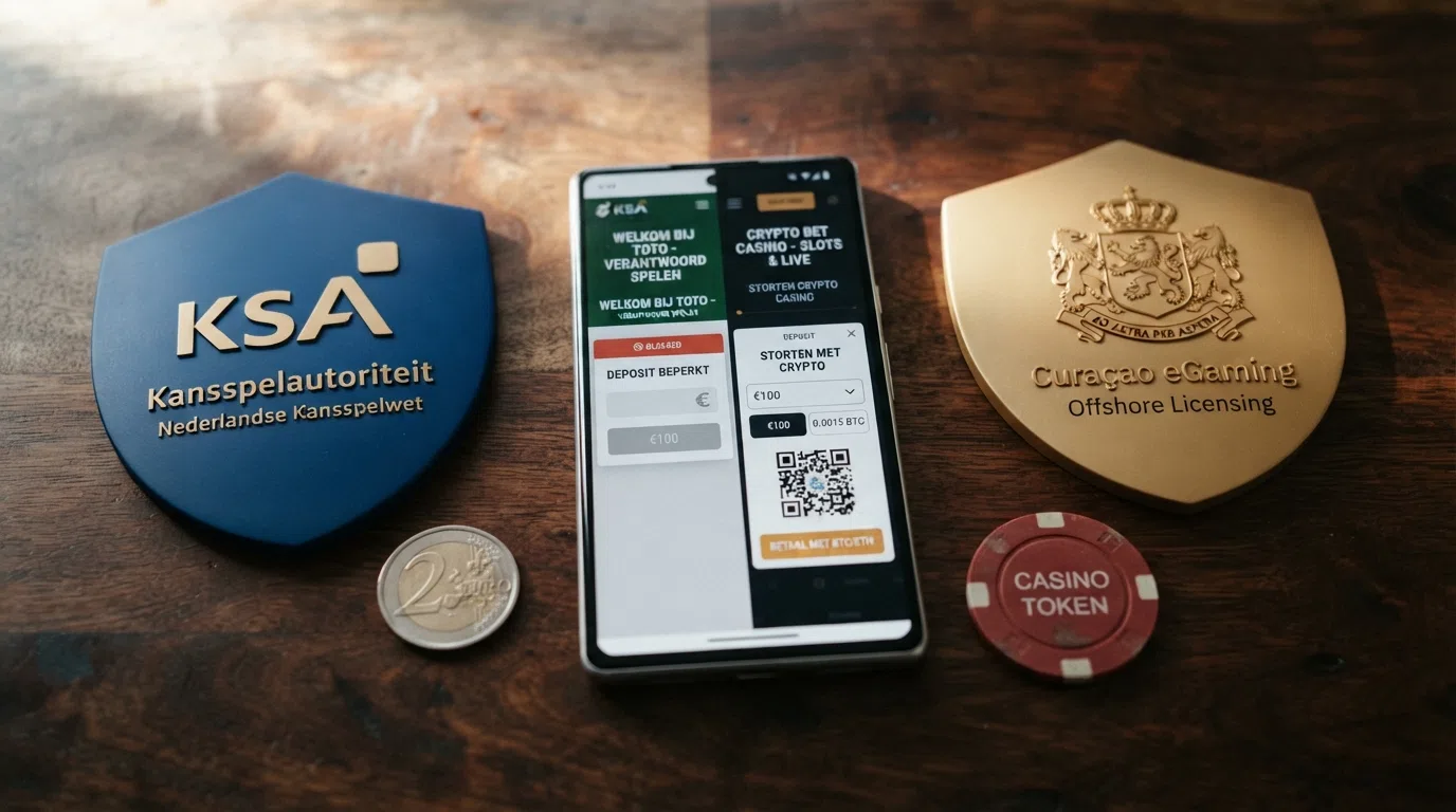 Een gesplitste afbeelding: aan de linkerkant het KSA-logo boven een slot met de vermelding 'geen crypto', aan de rechterkant het Curaçao-wapen boven hetzelfde slot met een bitcoin-symbool in de inzetbalk