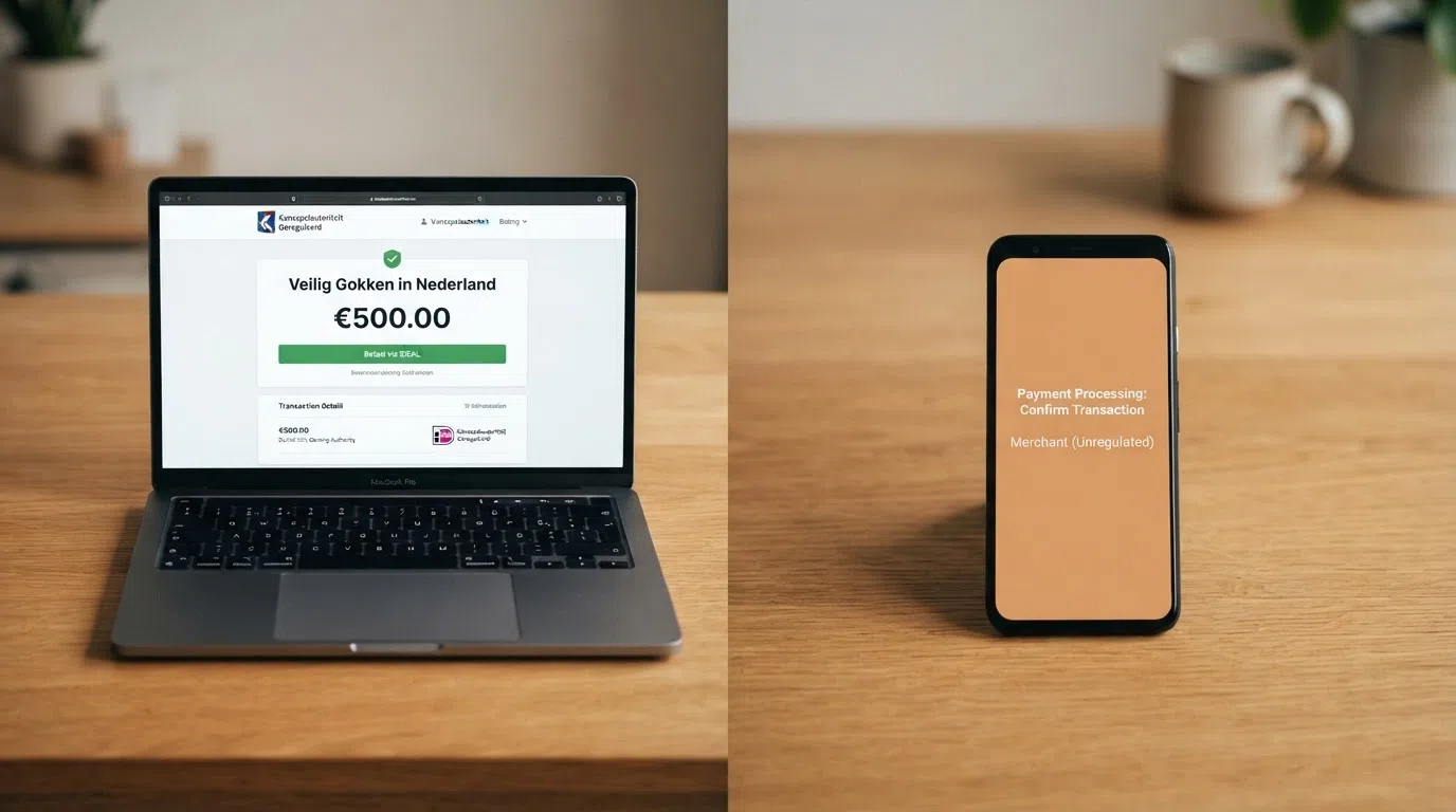 Een symbolische weergave van twee werelden: links het KSA-keurmerk met slotje, rechts een ongemarkeerde betaalpagina met NodaPay-logo.