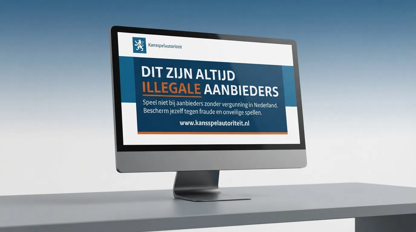 Een screenshot van de Kansspelautoriteit-website met de waarschuwingstekst “Dit zijn altijd illegale aanbieders” prominent in beeld