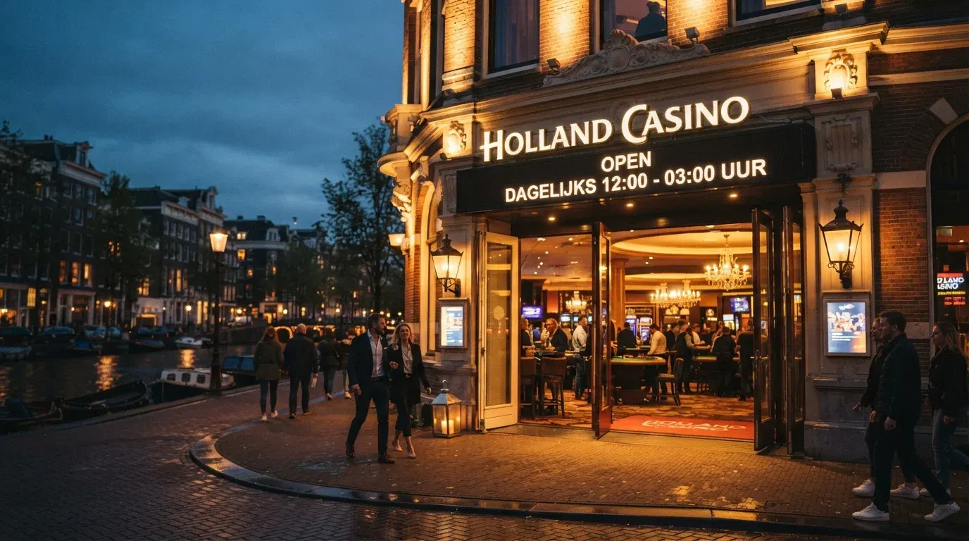 De gevel van een fysiek Hollands casino met openingstijden zichtbaar, 's avonds gefotografeerd.