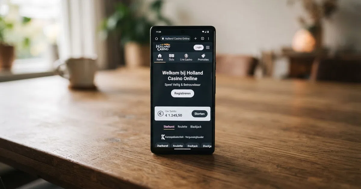 Een close-up van een smartphone met daarop een Nederlands online casino platform, met het KSA-logo zichtbaar op de homepagina naast het keurmerk 'Vergunninghouder Kansspelautoriteit'