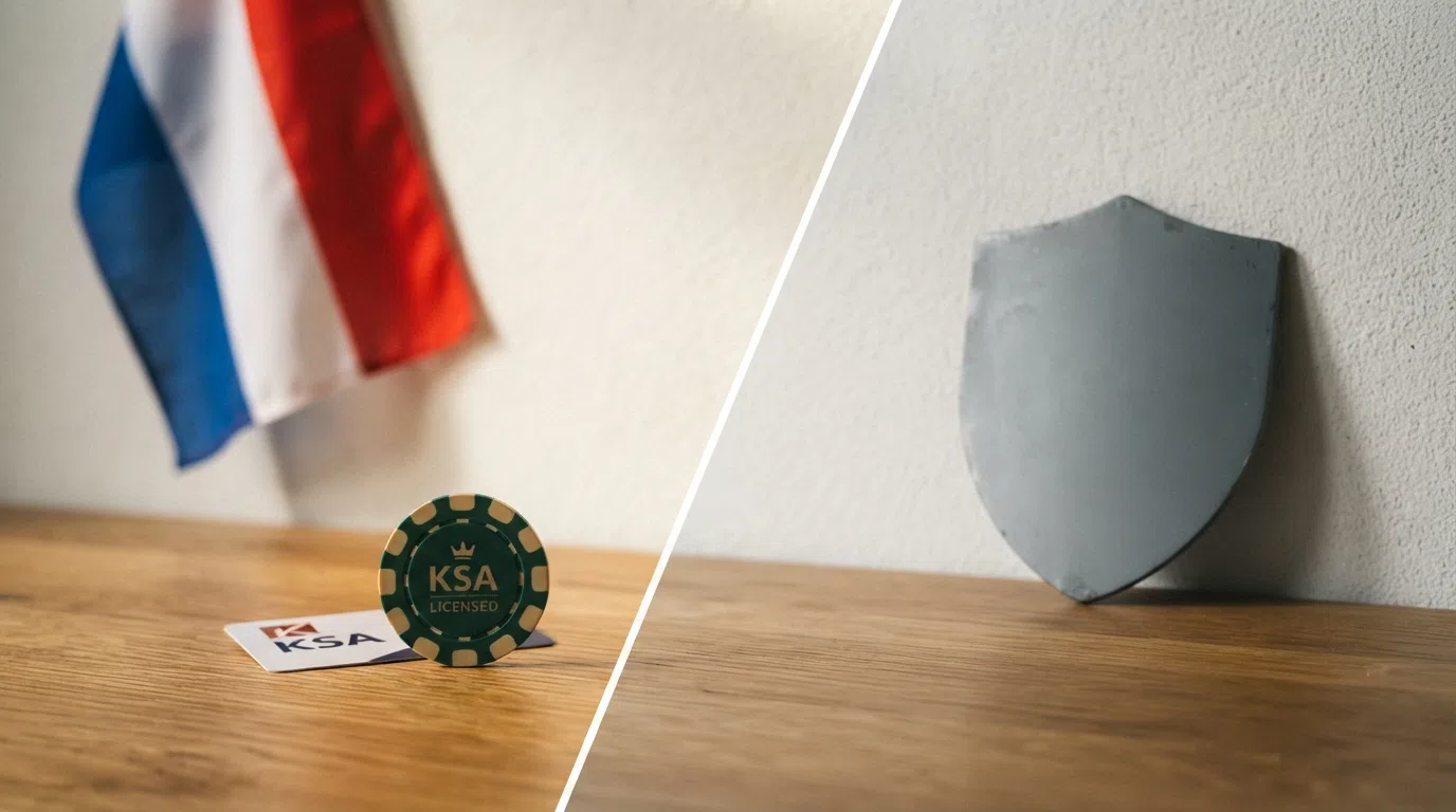 Een gesplitst beeld: links een Nederlandse vlag met een sloticoon voor KSA-bescherming, rechts een leeg schild zonder markering