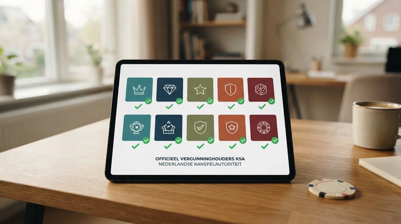 Tien casinologo's in een rasteropstelling met een groen vinkje onder elk logo
