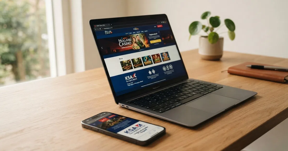 Een close-up van een smartphone en laptop met daarop de websites van legale Nederlandse online casino's met zichtbaar KSA-keurmerk