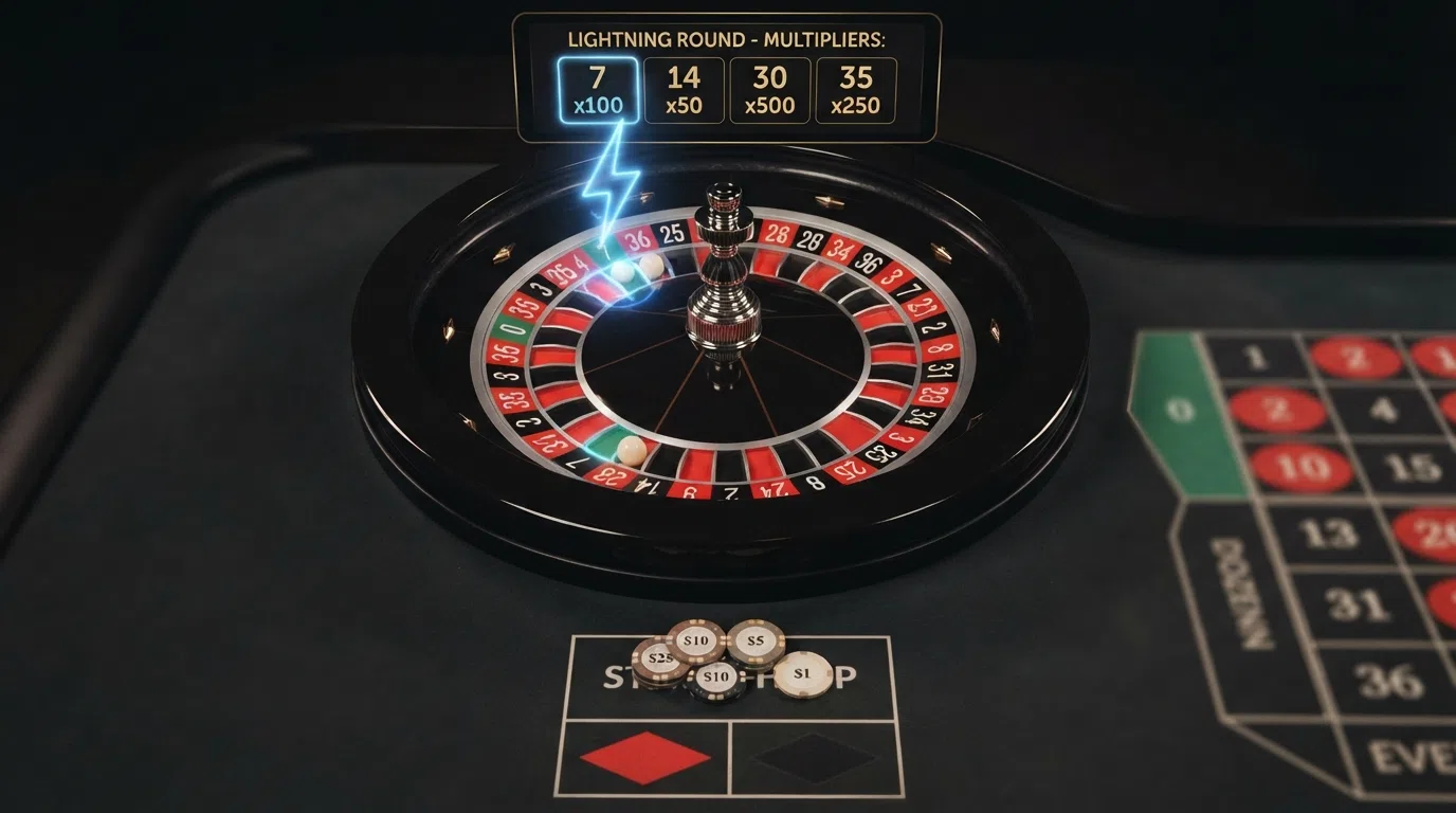 Een close-up van het Lightning Roulette-wiel van Evolution Gaming met de kenmerkende bliksemschicht-animatie op de digitale overlay, met fiches op een straight-up nummer