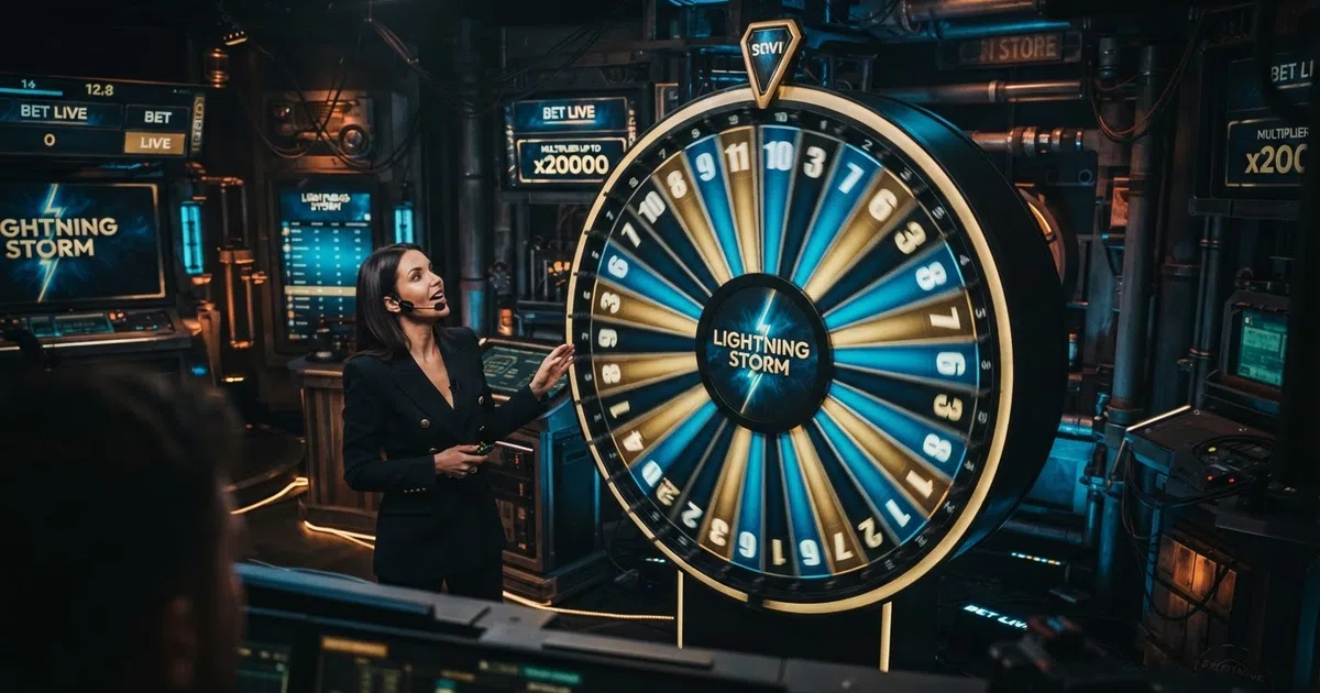 Het DigiWheel van Evolution's Lightning Storm live spelshow in een donker laboratorium-studio, met de 39 gekleurde segmenten en een live presentator in beeld