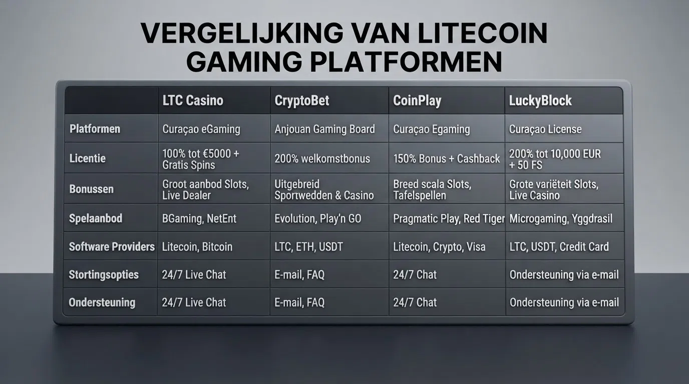 Een overzichtelijke vergelijkingstabel met de namen, licentiestatus en welkomstbonussen van de tien besproken litecoin casino's op een rij