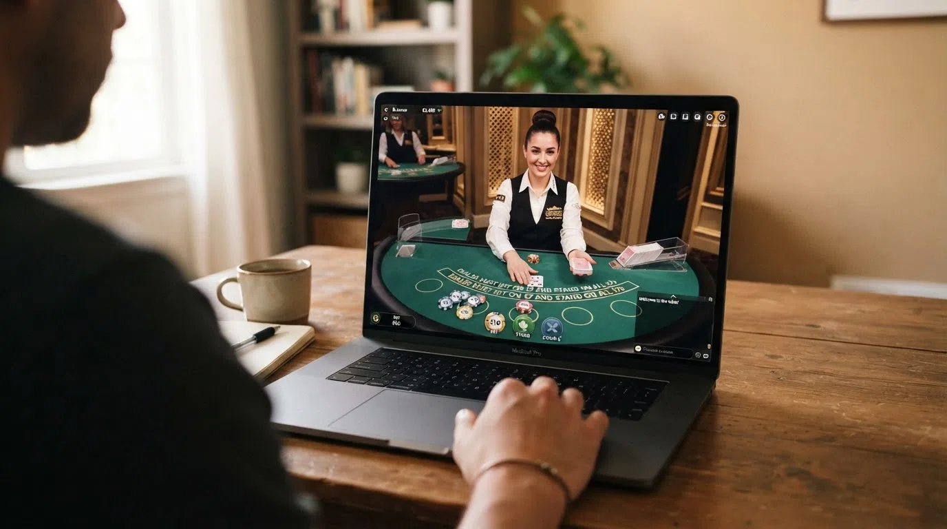 Een computerscherm met een live dealer blackjack tafel, inclusief chatvenster en inzetopties