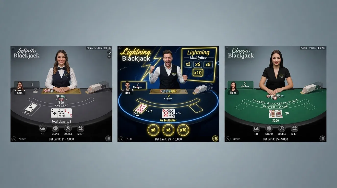 Drie verschillende live blackjack tafelinterfaces naast elkaar — Infinite Blackjack, Lightning Blackjack en een standaard blackjack tafel