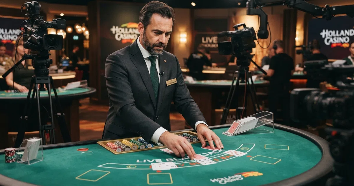 Een live blackjack tafel met een professionele croupier die kaarten deelt, gefilmd vanuit meerdere camerahoeken in een casino studio