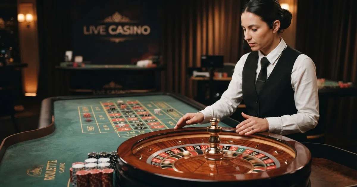 Een live dealer aan een echte roulettetafel in een casino-studio, te zien via een scherm met spelinterface