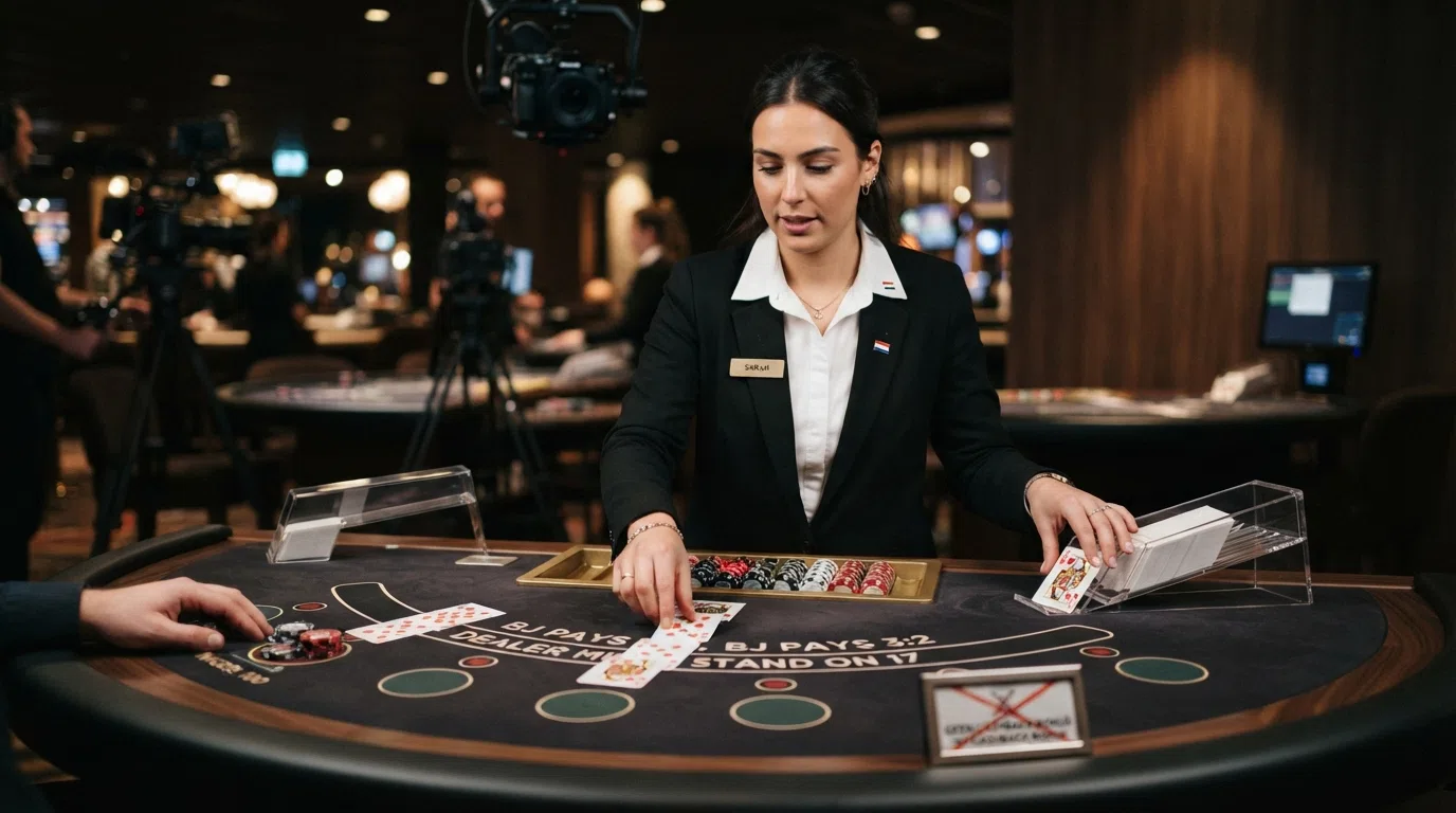 Een live dealer-tafel met een Nederlandse dealer in beeld; een cashback-label is zichtbaar doorgestreept
