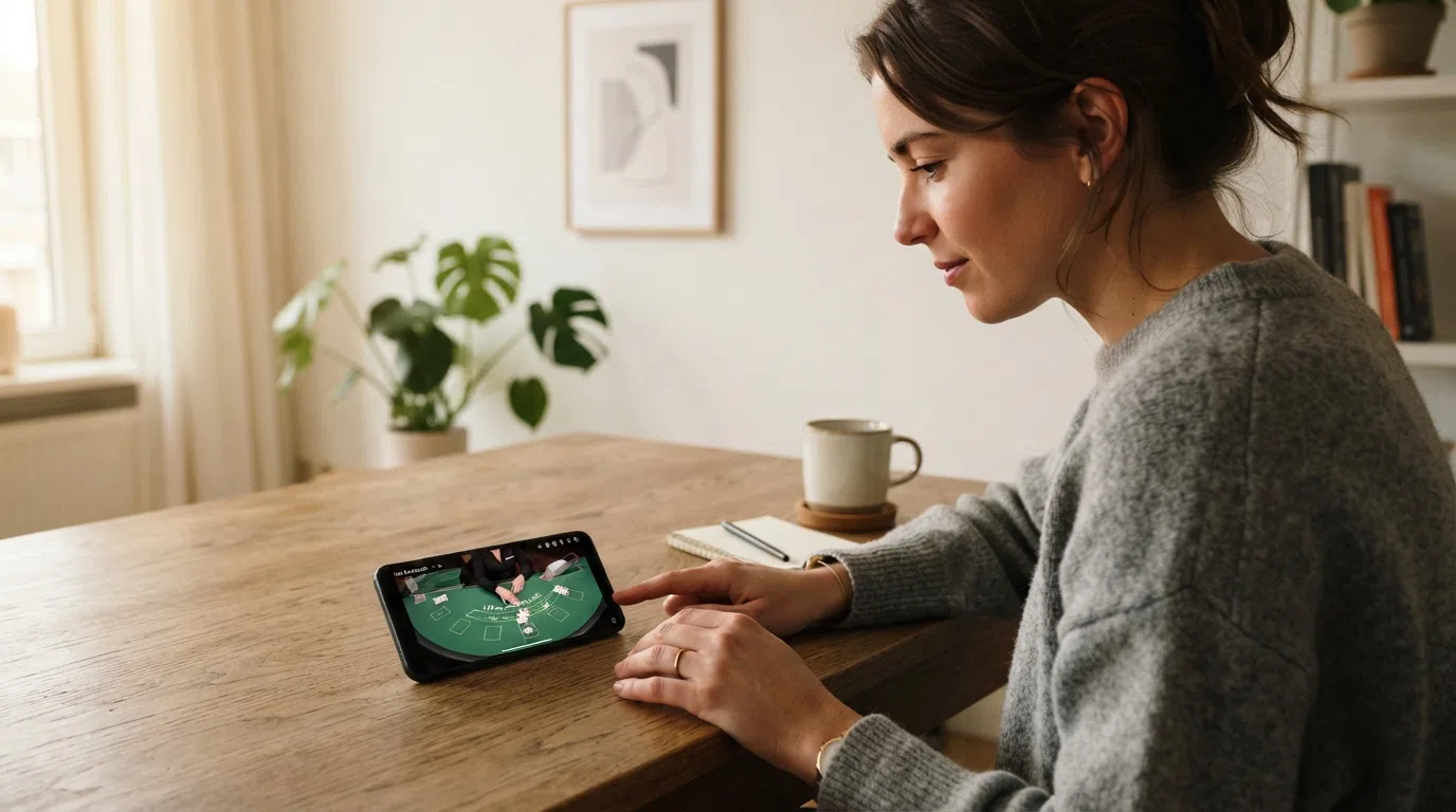 Een live-dealer aan een blackjacktafel, met het spelbeeld zoals het verschijnt op een smartphone in portretmodus