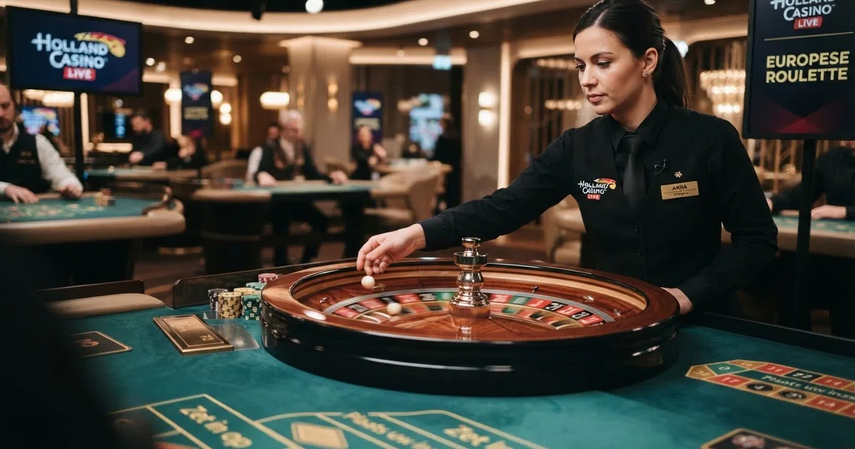 Een live roulette-tafel van dichtbij: een croupier plaatst het balletje op het draaiende wiel terwijl het inzetveld op het scherm oplicht.