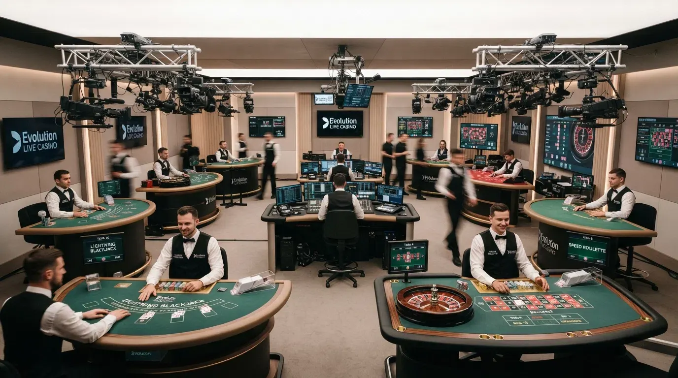Een Evolution Gaming live casino studio met meerdere speeltafels, dealers en camera-apparatuur