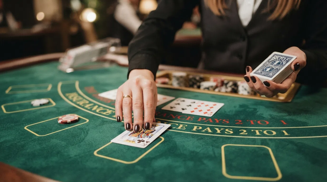 Close-up van de handen van een live blackjack croupier die kaarten uitdeelt op een groene speeltafel, met het wedvlak van de speler in beeld