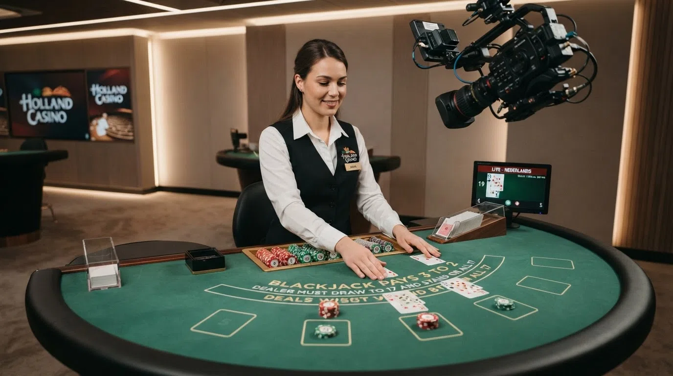 Een live casino dealer aan een blackjacktafel in een studio-omgeving met Nederlandse uitstraling