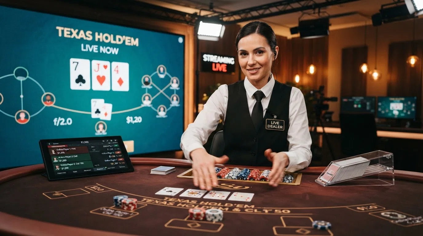 Een live dealer aan een pokertafel in een studio-omgeving, met een groot scherm dat de kaarten toont, chips op tafel en professionele belichting