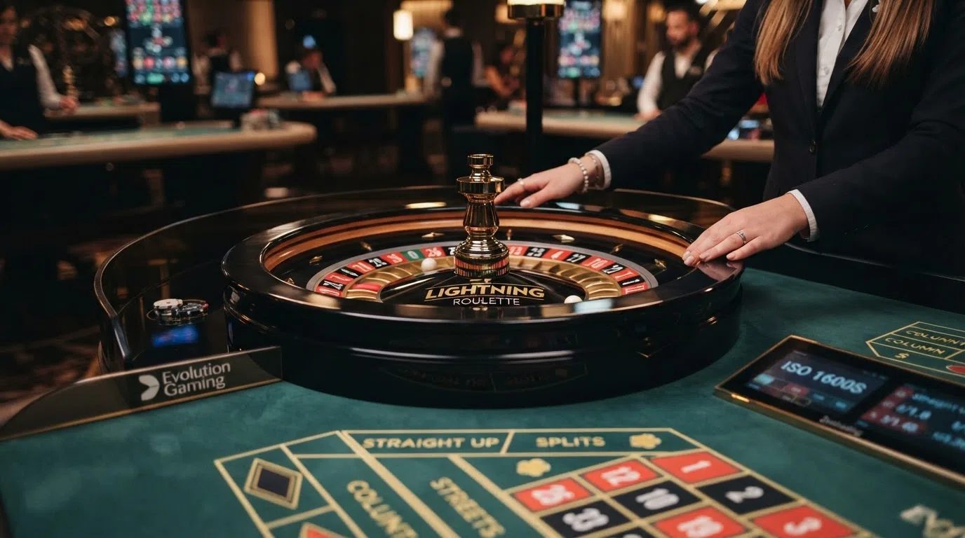 Een close-up van een Evolution Lightning Roulette-tafel met een croupier en het scorebord met vermenigvuldigers in beeld