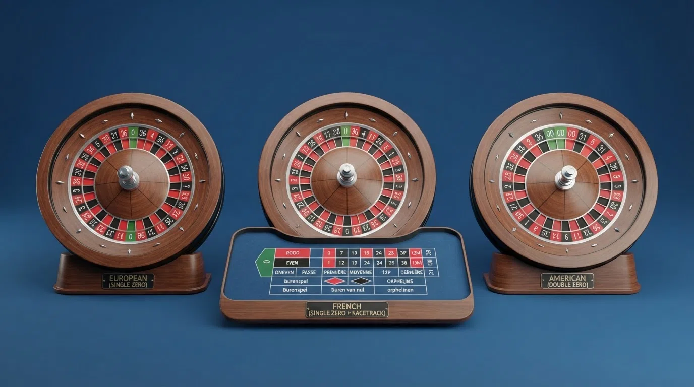 Drie roulette-wielen naast elkaar: een Europees wiel met één groene nul, een Frans wiel met het race track en een Amerikaans wiel met een extra dubbele nul.
