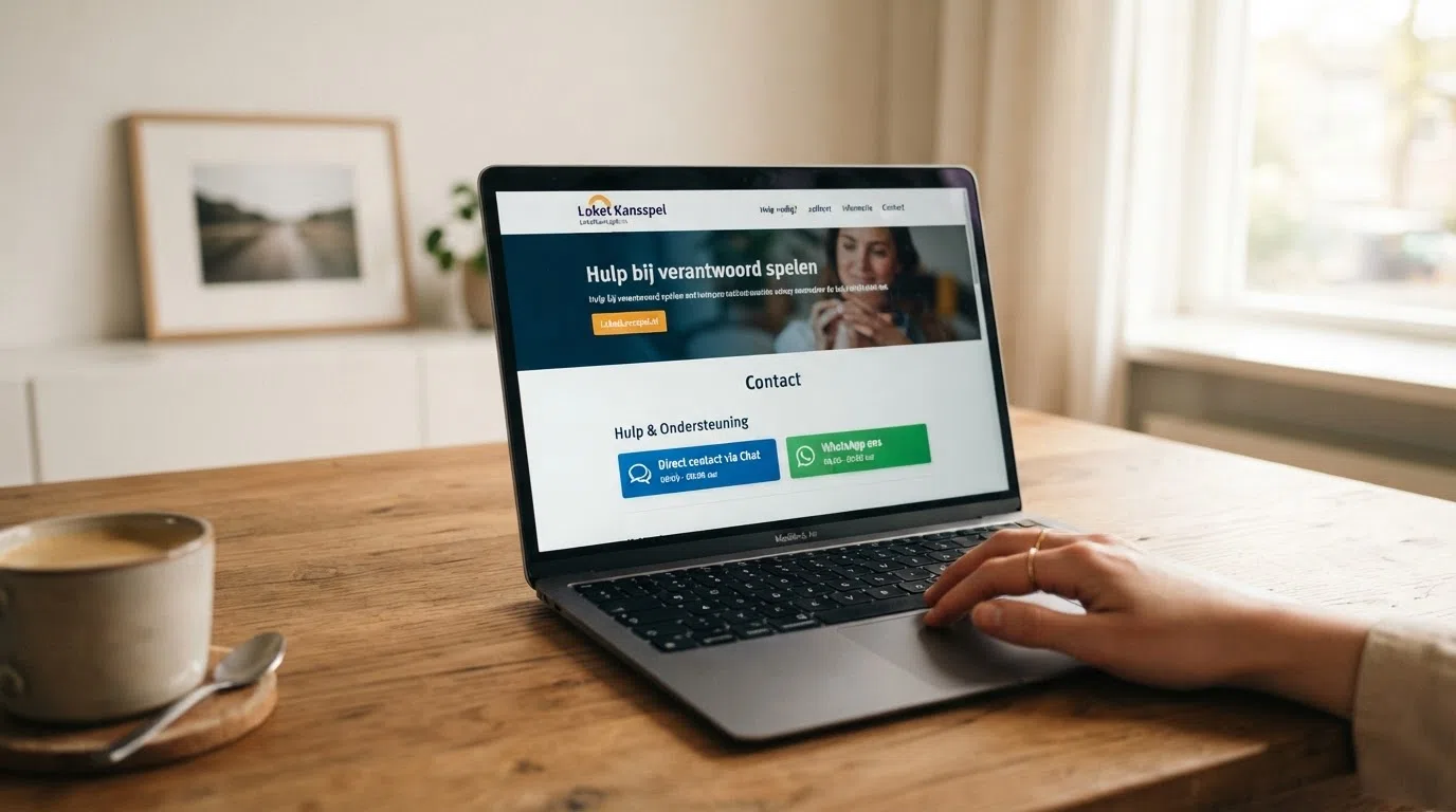 De homepage van Loket Kansspel met de contactopties telefoon, chat en WhatsApp zichtbaar