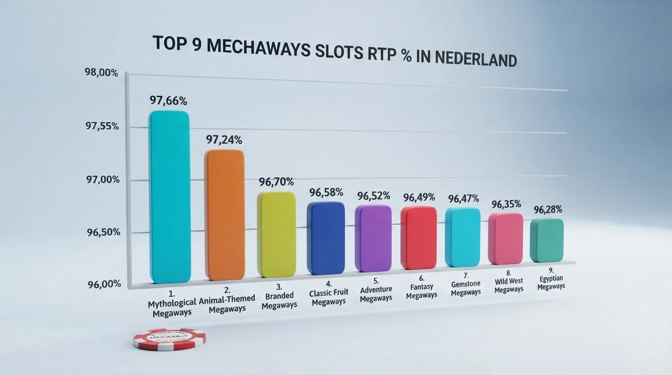 Een visuele vergelijking van de RTP-percentages van de negen best beoordeelde Megaways gokkasten, aflopend gesorteerd
