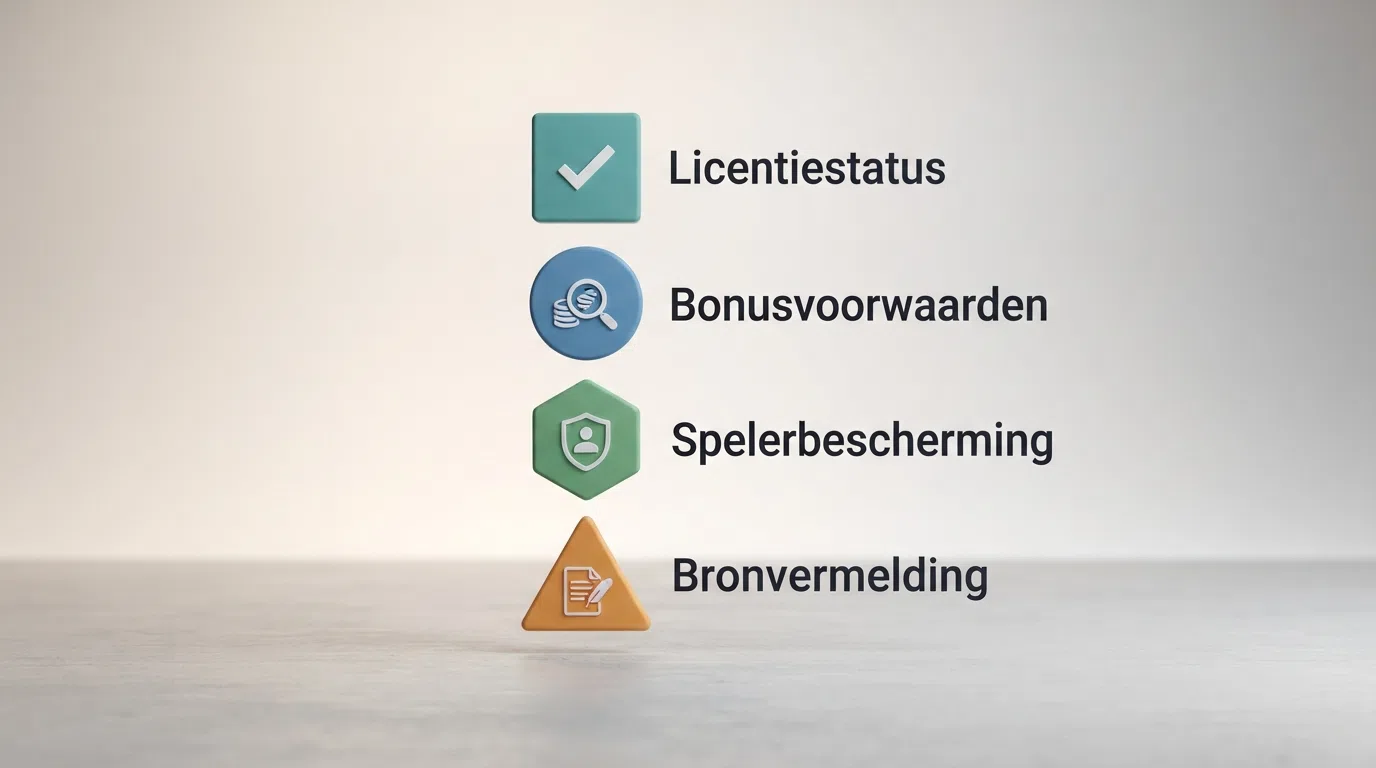 Een gestileerde checklist met de vier beoordelingscriteria: Ksa-vergunning, bonustransparantie, spelersbescherming en bronverantwoording
