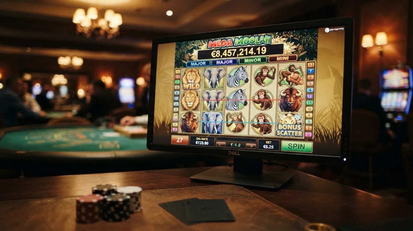 Het spelvenster van de Mega Moolah-slot met de progressieve jackpot-teller zichtbaar boven de rollen, de leeuw in het midden