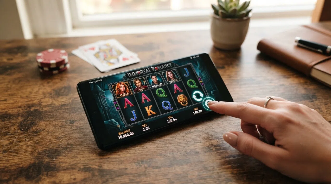 Een smartphone in liggende stand met een Microgaming-slot zoals Immortal Romance of Thunderstruck II op het scherm, de aanraakbediening zichtbaar