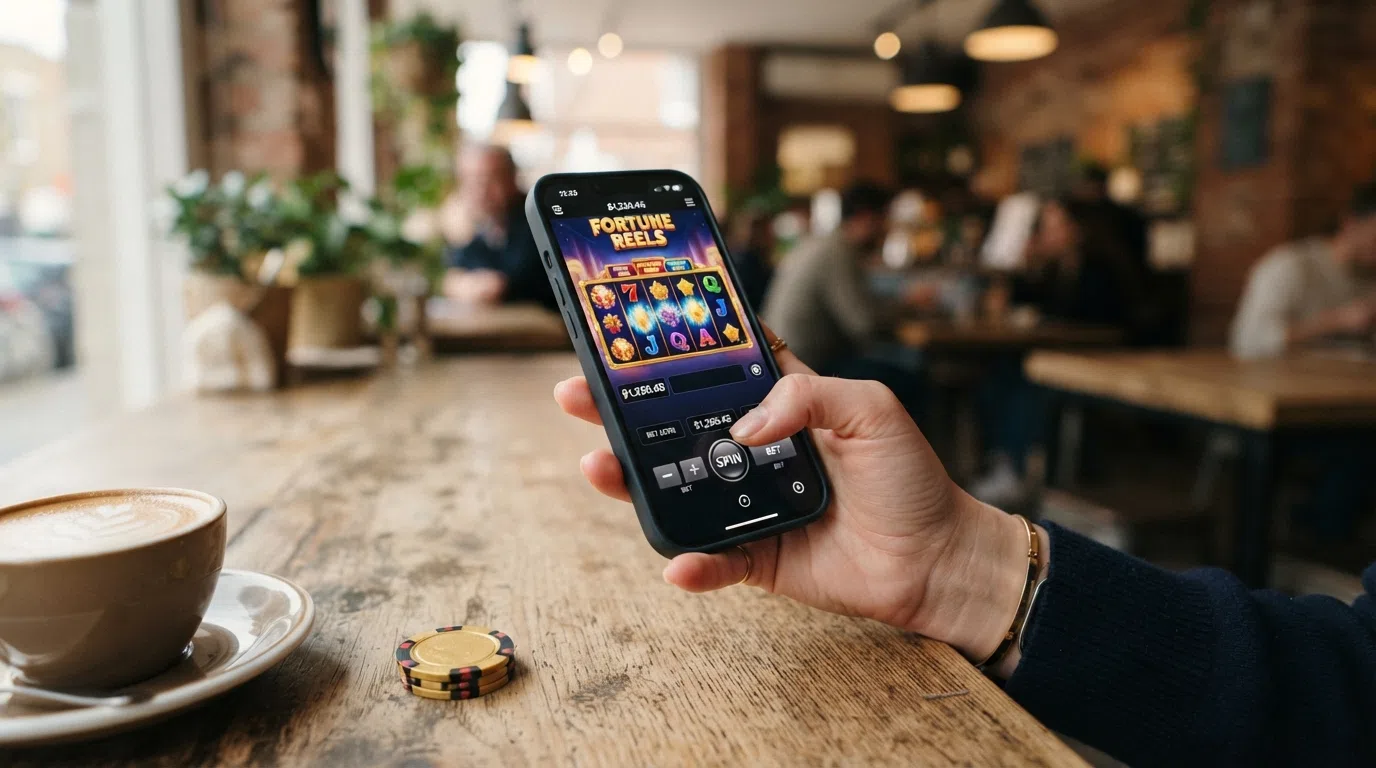 Een hand houdt een iPhone vast met een online casino-app geopend; Face ID-authenticatie verschijnt in beeld