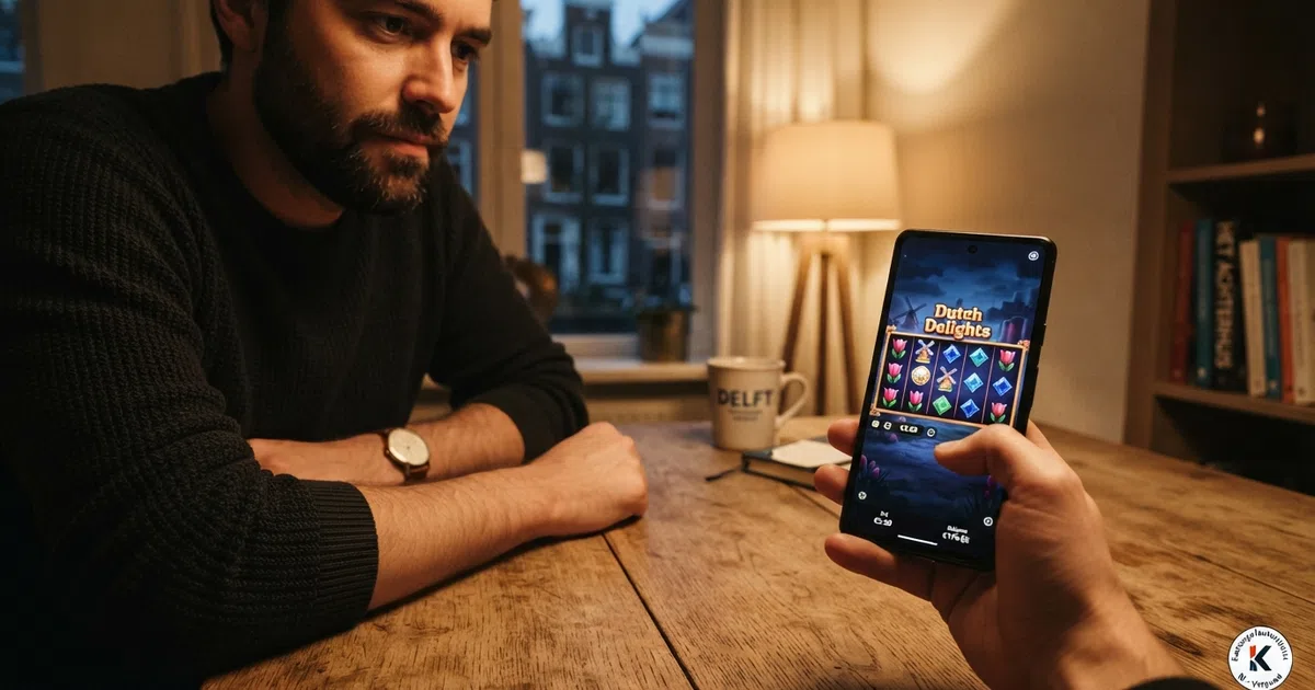 Een Nederlandse speler die een mobiel casino-spel speelt op een smartphone, met het KSA-logo zichtbaar op het scherm