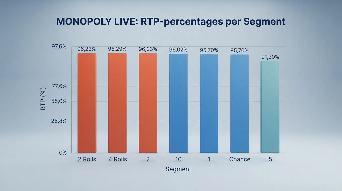 Tabel of staafdiagram met de RTP-percentages per segment van het Monopoly Live-wiel, met 2 Rolls en 4 Rolls bovenaan en 5 onderaan