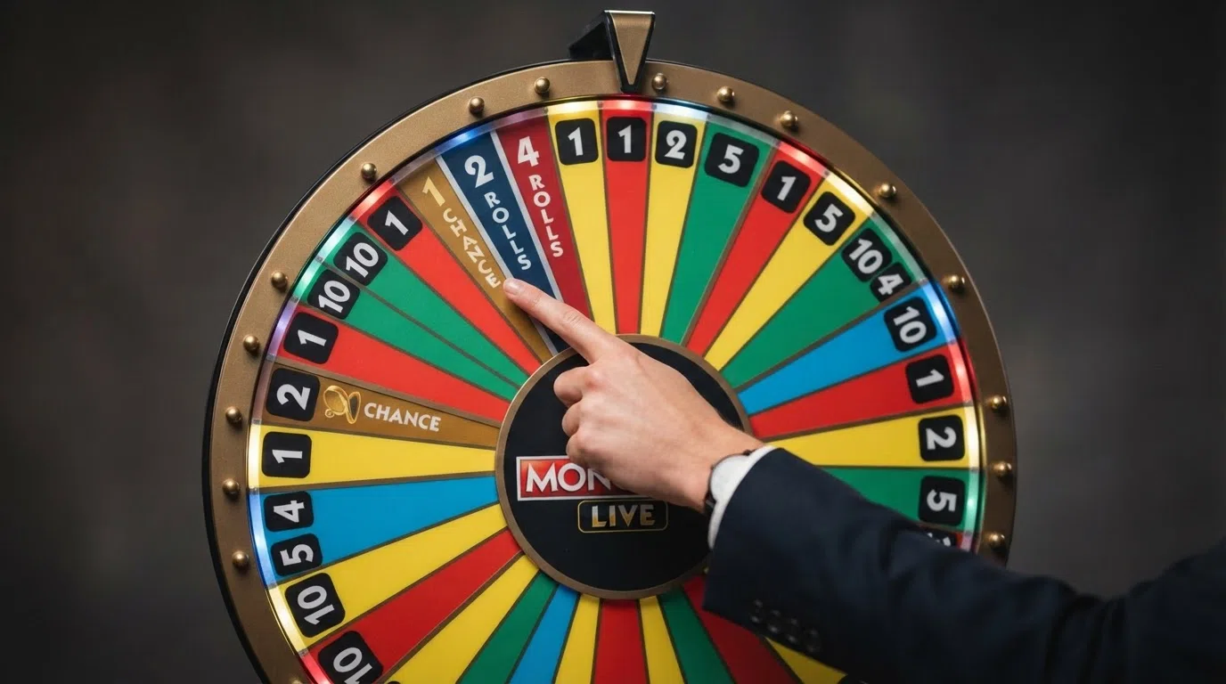 Close-up van het Monopoly Live-wiel met de zeven segmenttypes 1, 2, 5, 10, Chance, 2 Rolls en 4 Rolls zichtbaar