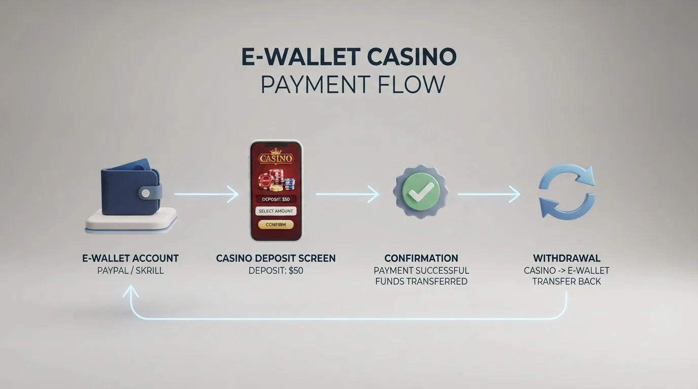 Een schematische weergave van de MuchBetter-betaalflow: van MuchBetter-account naar casino-storting naar opname terug naar MuchBetter — met tijdsindicaties bij elke stap