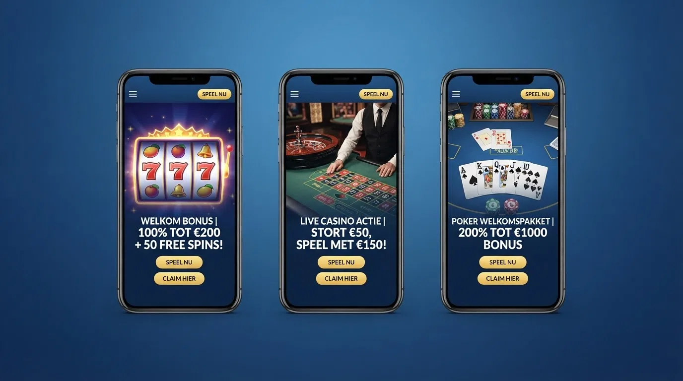 Drie Nederlandse online casino bonusschermen naast elkaar met verschillende aanbiedingen zichtbaar
