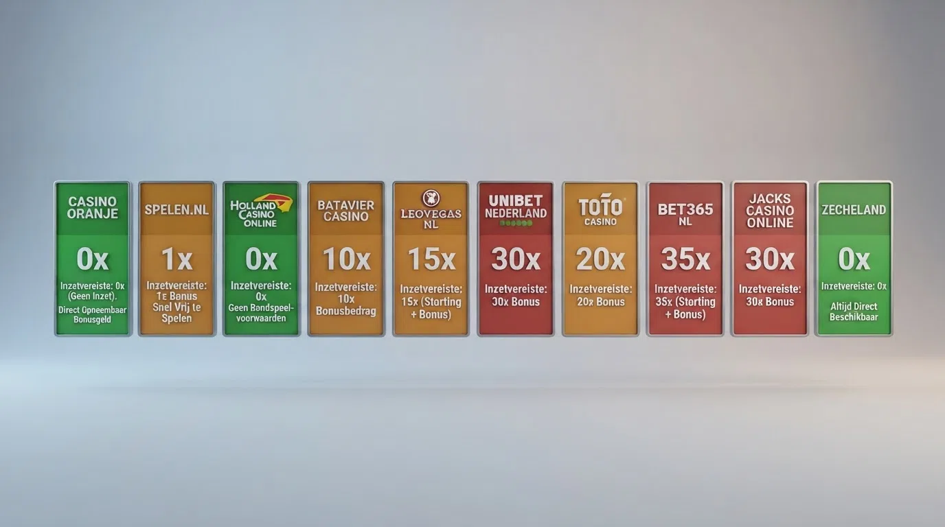 Tien Nederlandse casino-logo's in een rij, met onder elk logo de rondspeelvoorwaarde in een gekleurde badge — groen voor 0x, oranje voor 1x–25x, rood voor 30x+.
