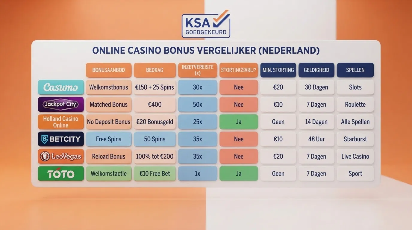 Een overzichtelijke vergelijkingstabel met casino-logo's van Kansino, One Casino en TOTO naast bonusbedragen en inzetvereisten, met een KSA-keurmerk bovenaan