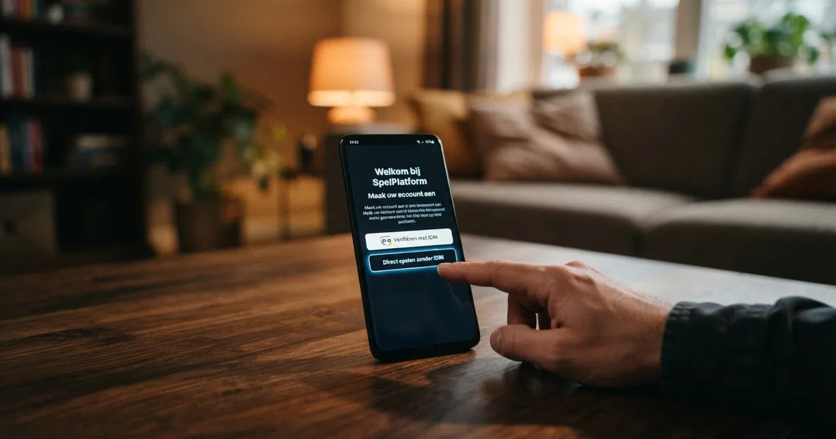 Een smartphone met een casino-registratiescherm en de keuze tussen iDIN-verificatie en direct spelen