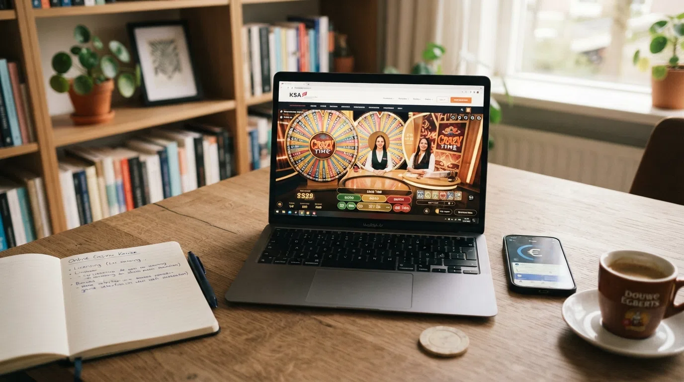 Een overzichtelijk vergelijkingsscherm met de logo's van KSA-vergunde online casino's zoals Toto, Holland Casino en BetCity naast het Crazy Time-spelvenster