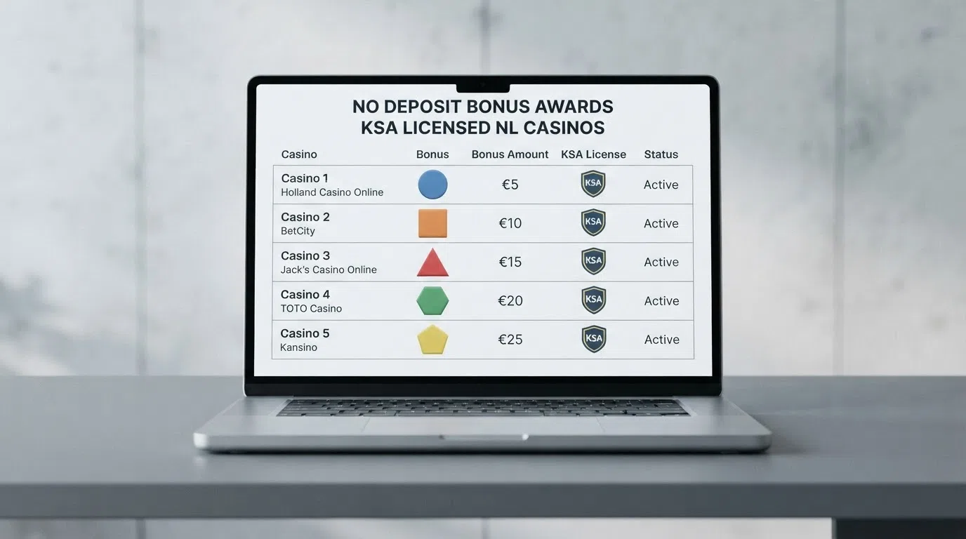 Een overzichtelijke vergelijkingstabel op een laptopscherm met casino-logo's, bonusbedragen en KSA-keurmerken naast elkaar.