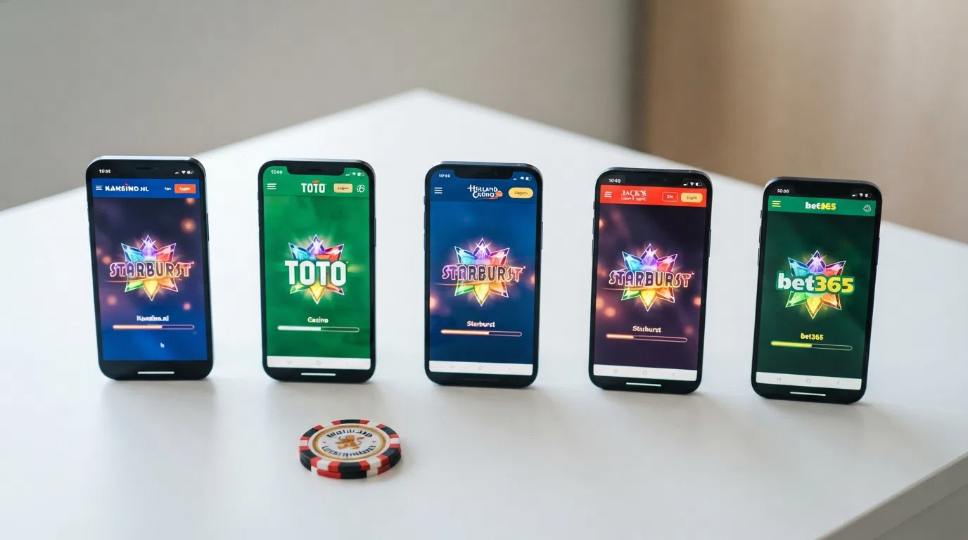 Een rij screenshots van de Starburst-laadschermen bij vijf Nederlandse KSA-casino's naast elkaar