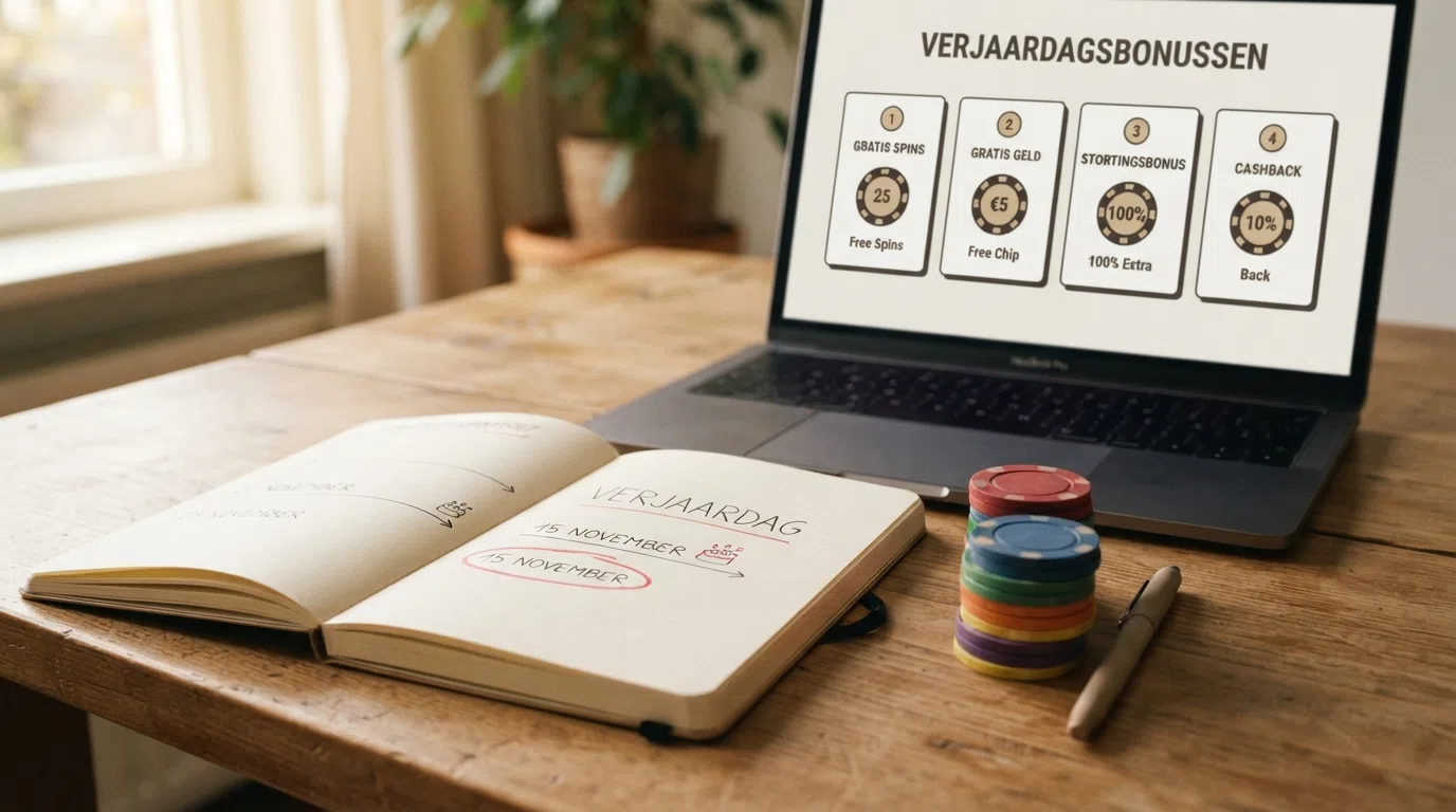 Een overzicht van Nederlandse online casino-logo's naast een kalender met een omcirkelde verjaardag